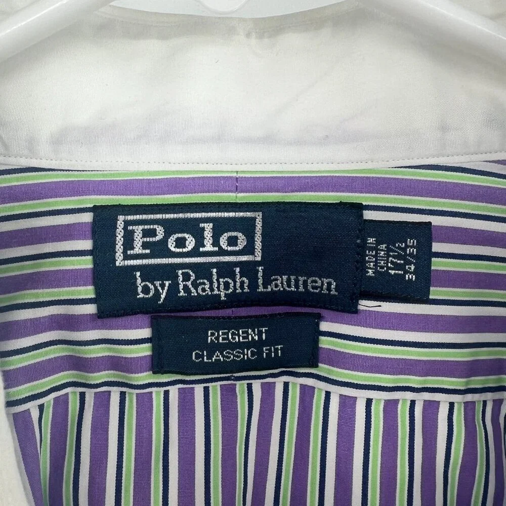 Polo by Ralph Lauren Regent Classic Fit Purple Green Striped Shirt 17.5 34/35